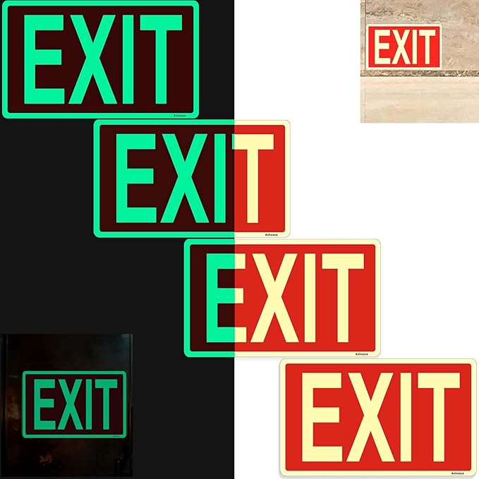 Glow in the Dark Exit Sign Stickers - 4 Pcs, 12x7 In - Ideal Illuminated Emergency Exit Signs for Business or Office - Apply to Door, Wall, Window - Photoluminescent and UV Protected