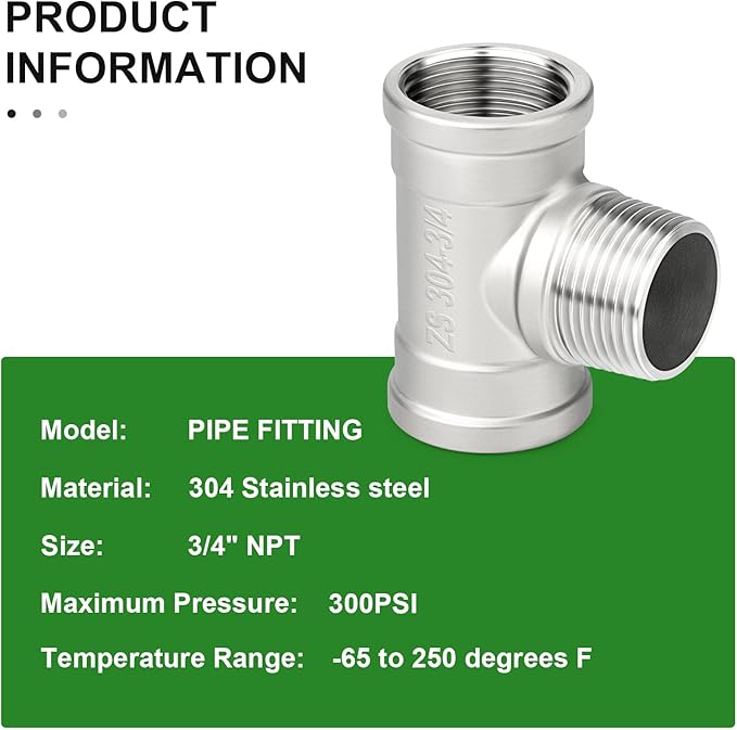 TAISHER 5PCS 304 Stainless Steel Tee Pipe Fittings, 3/4" NPT Female x 3/4" NPT Male x 3/4" NPT Female Pipe Fittings, Male Branch Tee