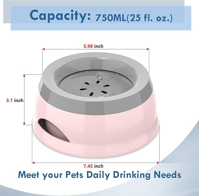 Takfox Dog Water Bowl, No Spill Cat Slow Feeder Water Dispenser Portable Vehicle Carried Car Travel Bowls for Small Medium Pets Sloppy Messy Drinkers 25oz, Pink