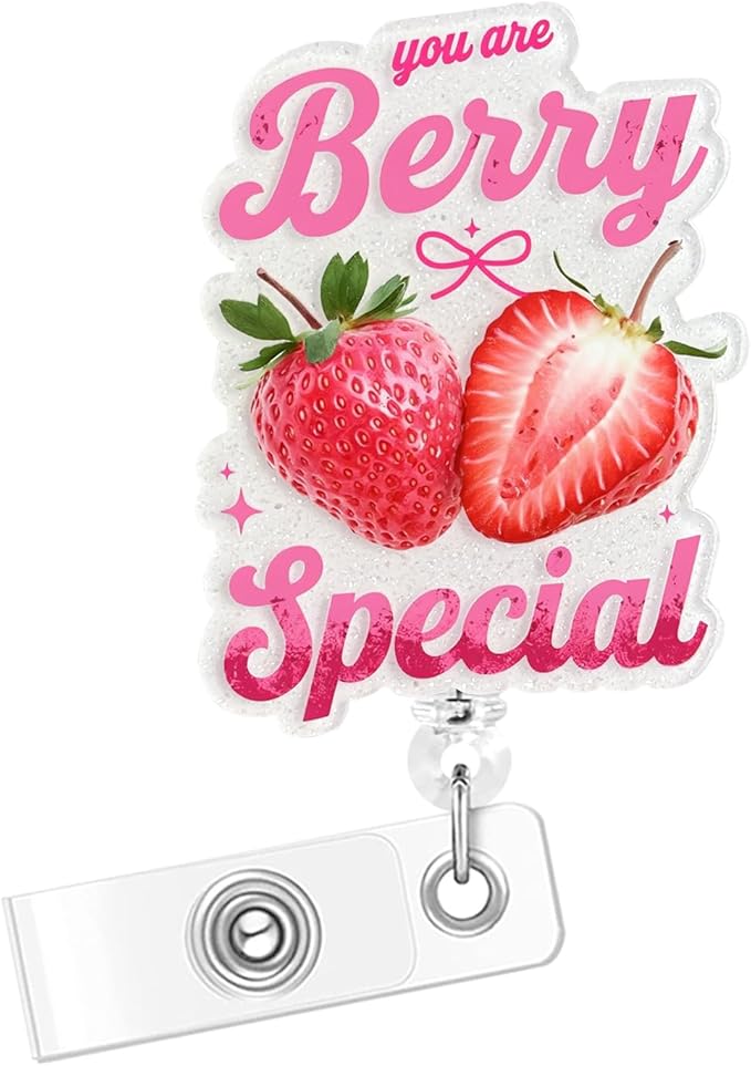 Berry Special Badge Buddy, Nurse Retractable Badge Holder with Clip, Glitter Acrylic Badge Reel for RN, LPN, CNA, Pink Cute Design (Strawberry)