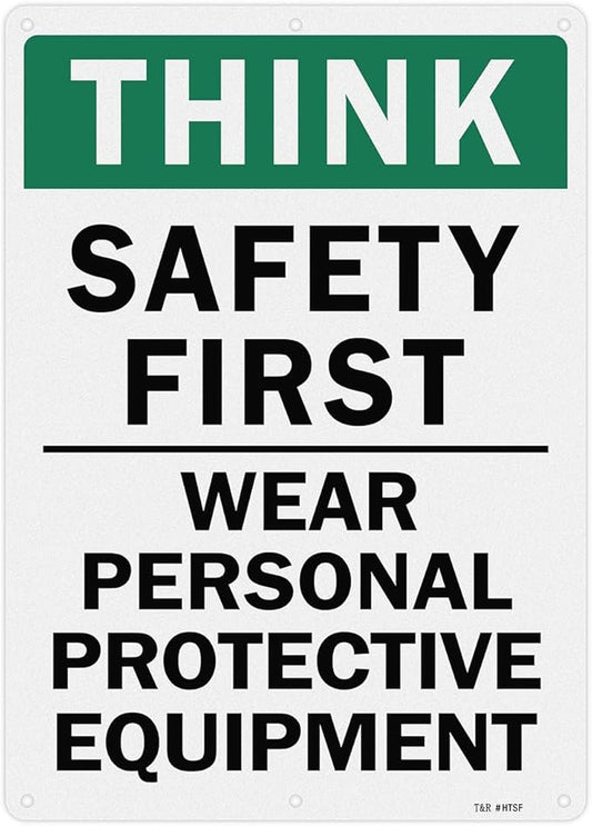T&R Large Think Safety First Sign Wear Personal Protective Equipment - 14 x 10 Inches Rust Free .040 Aluminum Reflective - UV Protected, Waterproof and Fade Resistant - 6 Pre-drilled Holes