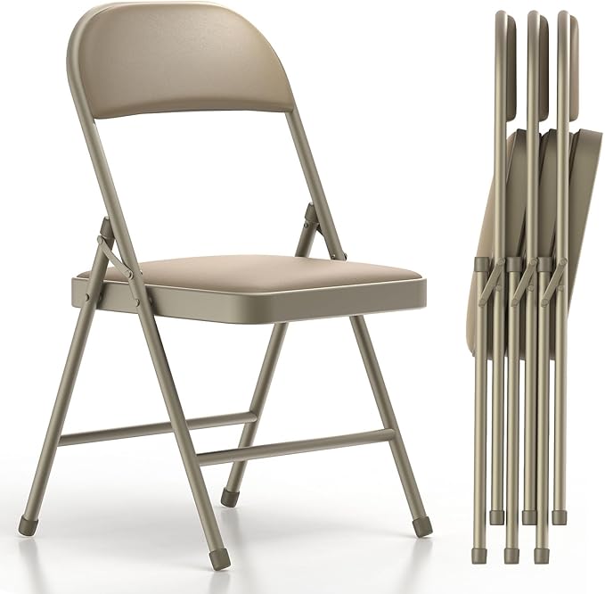 Nazhura 4 Pack Folding Chairs with Padded Vinyl Cushion Chairs with Comfortable Cushion and Durable Steel Frame for Home and Office, for Indoor and Outdoor Events (Kahki Vinyl Padding 4 Pack)