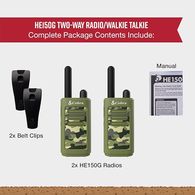 Cobra HE150 G - Kid Friendly Walkie Talkies - 16-Mile Range, 2 Channels Two-Way Radio Set, Green, (2-Pack)