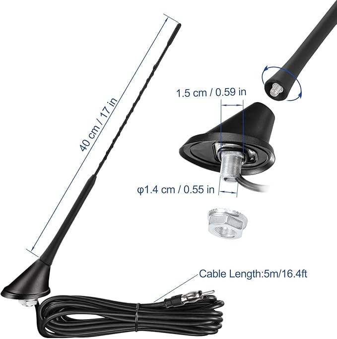 Eightwood Universal Vehicle Antenna 16in, AM FM Roof Mount Car Radio Antenna Mast with Mount Base 16ft Extension Cable for Car Truck Stereo Receiver Head Unit