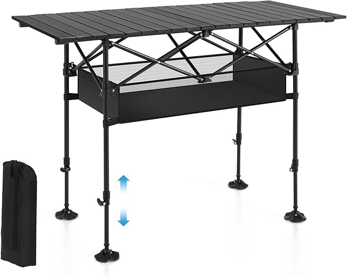 ALPHA CAMP Folding Camping Table, Portable Roll-up Table with Adjustable Height, Large Storage Bag and Carrying Bag, Tall Aluminum Table for Indoor & Outdoor Picnic BBQ Backyards Beach