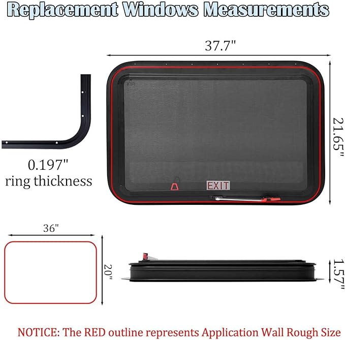 36"x20" RV Emergency Exit Window - DOT-Certified Tempered Glass, Security Lock, Waterproof Aluminum Frame w/Mesh Screen (Fits 1"-1.77" Walls, Complete Kit)