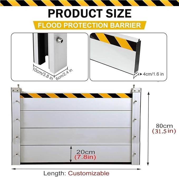 Heavy Duty Aluminum Flood Barrier, Reusable Outdoor Water Barrier for Home, Garage, Gates, Roads, Detachable Flood Protection Baffle, Temporary Flood Control System(H 2.6ft/80cm,L 3.5ft/1.1m)