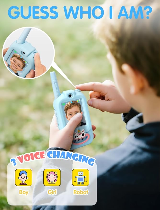 Walkie Talkie for Kids with Video: 2 Pack Rechargeable Toddler Toys with HD Camera & Voice Changer, Long Range Gift Toys for Boy & Girl Age 3-8 for Outdoor Play, Camping (Dinosaur Blue/Unicorn Pink)