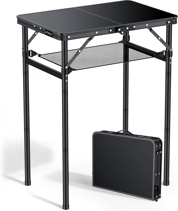Anbte 2ft Folding Camping Table Max 29.5", 3 Adjustable Height Aluminum Small Folding Table with Storage Net & Portable Handle, Lightweight, for Travel Outdoor Beach Picnic Camp, 23.2" x 16", Black