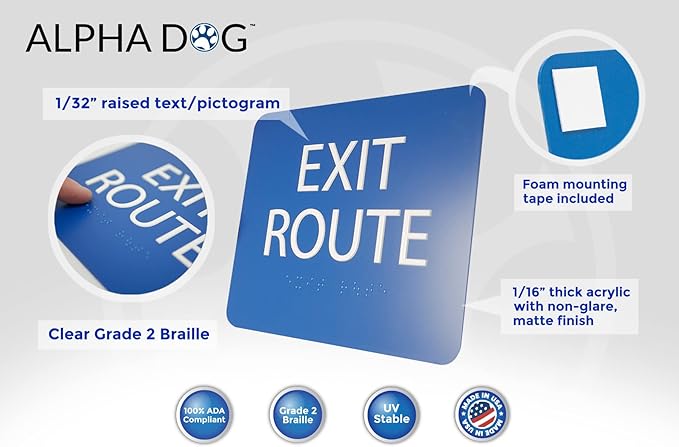 ALPHA DOG ADA SIGNS - Exit Route Sign with Braille for Your Business, 5x6 Inch, ADA Compliant, Indoor or Outdoor, Easy Installation, Made in the USA, Blue