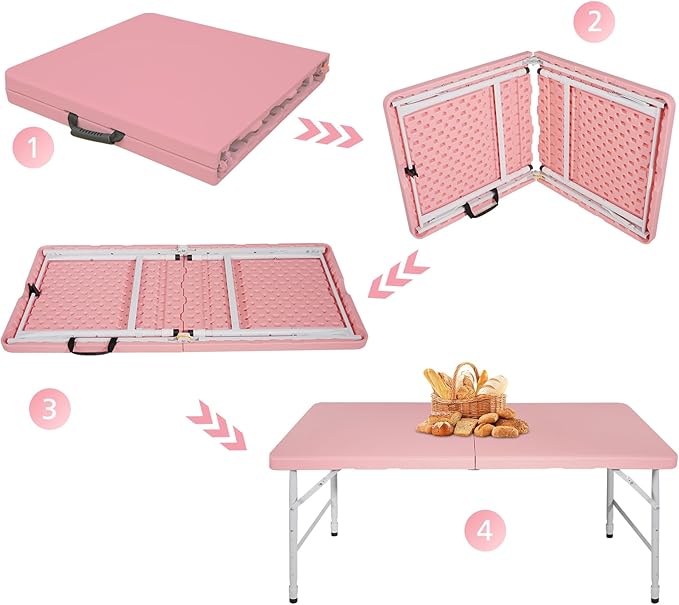 Portable 4Ft Adjustable Height Plastic Folding Table, Heavy Duty Fold-in-Half Table with Carrying Handle, Small Utility Foldable Table for Picnic Party Camping BBQ, Indoor/Outdoor (Pink)