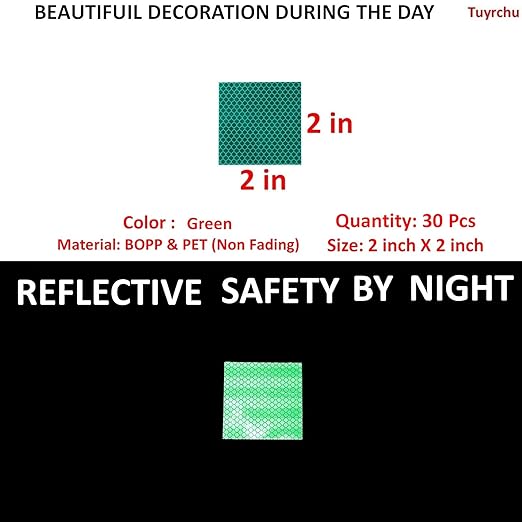 Green Reflective Stickers 2 inch X 2 inch, Outdoor Waterproof High Visibility Warning Safety Adhesive Reflector Tape (30 Pcs)