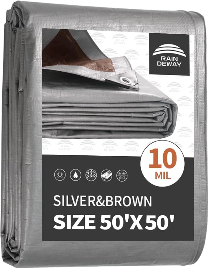 RAINDEWAY Tarps Heavy Duty Waterproof 50x50 Feet,10Mil Thick Multipurpose Large Tarp Cover with Metal Grommets and Reinforced Edges,Silver/Brown Tarp