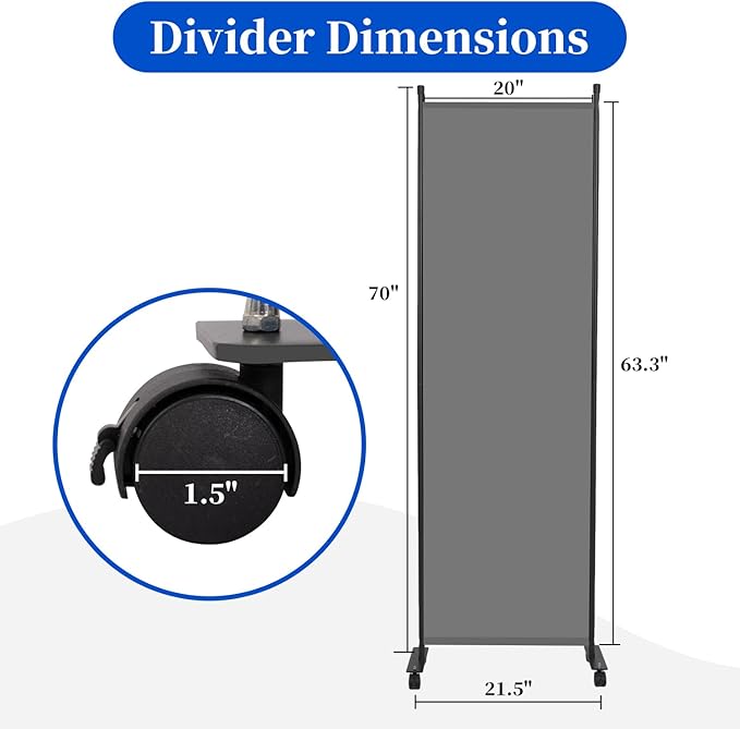 Room Divider 6FT Room Partition with Lockable Wheels, (Thicked Metal Base) Room Dividers, Freestanding Indoor Folding Privacy Screens, Portable Fabric Wall Divider for (Grey, 21.5"- 1 Panel)
