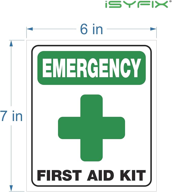 iSYFIX Emergency First Aid Kit Signs Stickers for Home, Schools & Business - 4 Pack 6x7 Inch - Premium Self-Adhesive Vinyl, Laminated UV, Weather, Scratch, Water and Fade Resistance, Indoor & Outdoor