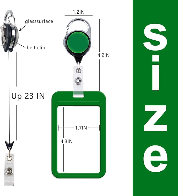 Green Retractable Badge Holder with Carabiner Clip, Durable Plastic ID Card Holder for Work, School, Events, Conferences - Retractable Reel Clip - Easy Access