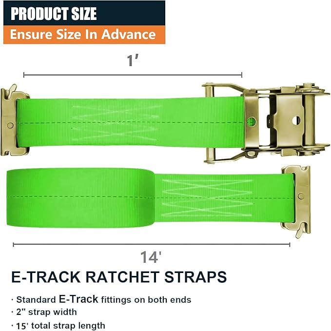8Pack E-Track Straps Ratchet Etrack Strap Box Truck Strap Tie Down Heavy Duty 2" x15' 4400lbs Breaking Load, 2200 Working Load E-Track Accessories Green