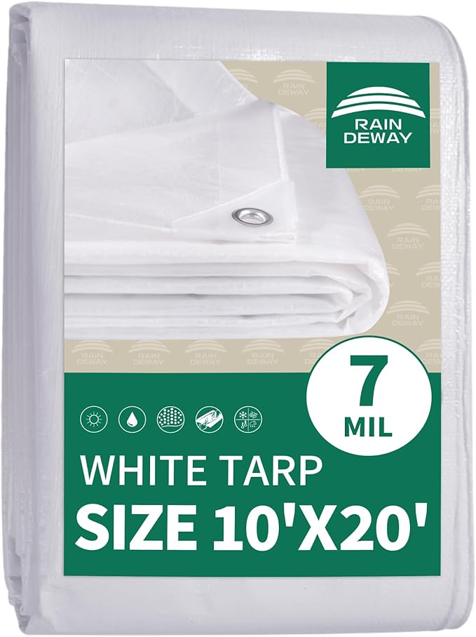 RAINDEWAY Tarps 10x20 Feet Tarp Waterproof,7Mil Thick,Finished Size,UV Resistant,Multipurpose Poly Tarp Cover with Metal Grommets and Reinforced Edges,White Tarps