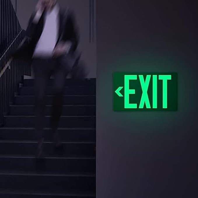 2Pack Photoluminescent Exit Sign Green, 14.25"x 7.5" Aluminum Glow In The Dark Exit Signs with Strong Adhesive Backing and 4pcs Removable Directional Arrows Glow In The Dark,Easy to install.
