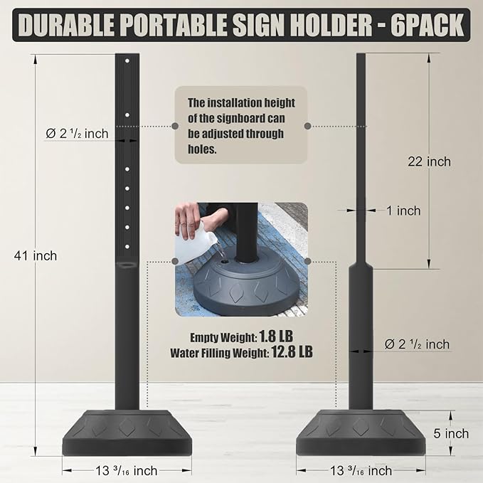 6 Pack Durable Sign Post and Water-Filled Base Set Kit - 13" DIA Stand with 41" Post - Bolts & Nuts for Hanging Signs, Portable Warning Sign Holder for Public Parking / Commercial / Recreational Use