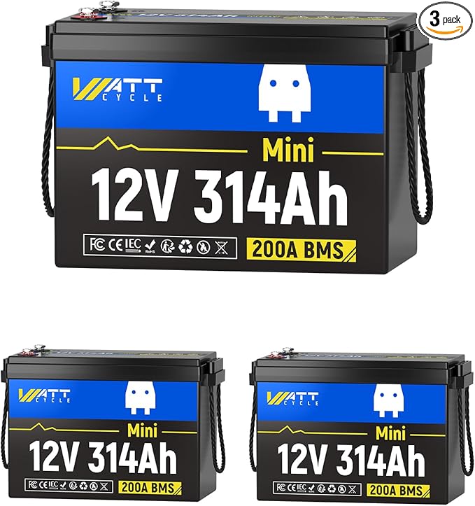 WattCycle 12V 300Ah (314Ah) LiFePO4 Lithium Battery Mini Size, 4000+ Cycles, 200A BMS & 4.01kWh Energy, Upgraded Cooling Fins & Braided Wires, Ideal for RV, Marine, Camping, Solar Off-Grid (3 Packs)