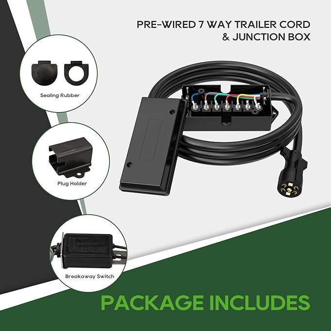 RVGUARD 7 Way 16 Foot Trailer Cord with 7 Gang Junction Box Kit, Include 12V Breakaway Switch and Plug Holder, Trailer Connector Cable Wiring Harness with Waterproof Junction Box