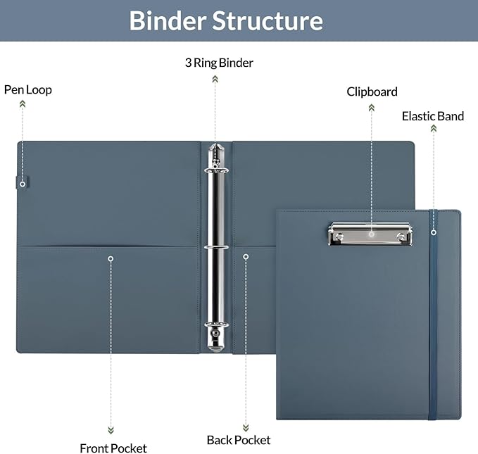 SKYDUE 3 Ring Binder with Clipboard 1 Inch, 13.2" × 10.2" PU Clipboard Binder with Notepad & 5 Dividers with 5 Pockets, Labels, Clipboard Folder Great for School Office(Fit Letter Sized Paper)