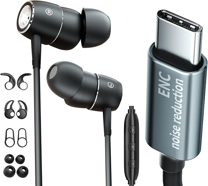 USB C ENC in Ear Headphones with Mic Calls Noise-Canceling Wired Earbuds with Dynamic Bass,(Ear Hooks can be Attached) DAC USB Type C Earphones for iPhone 17 16 15 Pro Max Plus Air iPad Pro Samsung