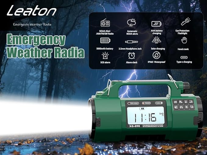 Emergency NOAA Weather Alert Radio, 5000mAh AM/FM Portable Radio with Solar, Hand Crank & AC Power, Replaceable Battery, Flashlight, SOS Alarm, Clock & Headphone Jack for Home & Outdoor Emergencies