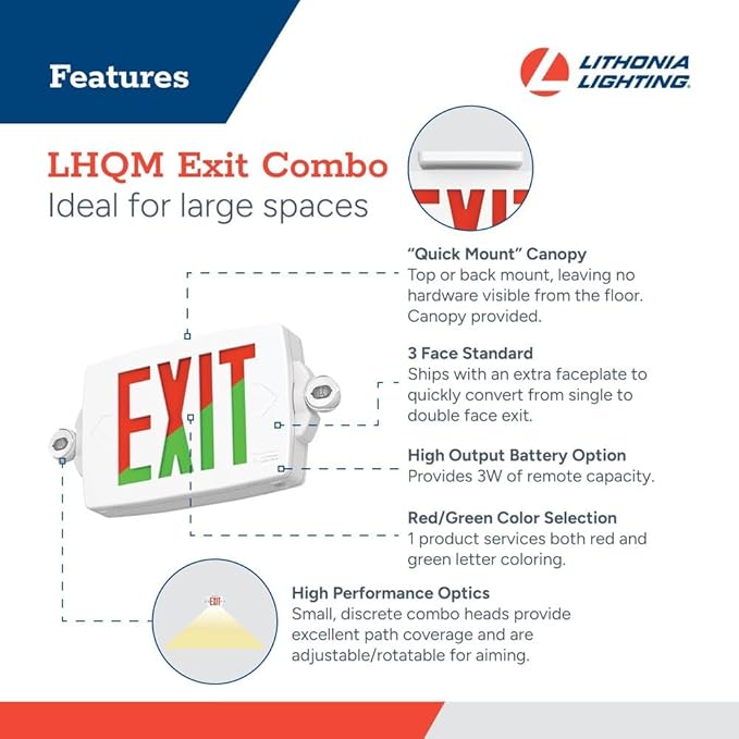 Lithonia Lighting Quantum LED Exit Sign Emergency Light Combo, Exit Sign and Emergency Lights, 2-Head Fixture, Red/Green Selectable Letters, High Output Battery, White (LHQM S W RG MVOLT HO M6)