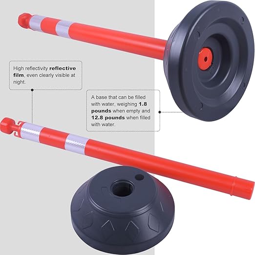 6 Pack 40" inch Work Zone Chain Post Set, Traffic Delineator Post Cones with Reflective Tapes, 6 x 6.6' Feet Plastic Chains, Portable Crowd Control Stanchion Set (Red-Water Filled Base)