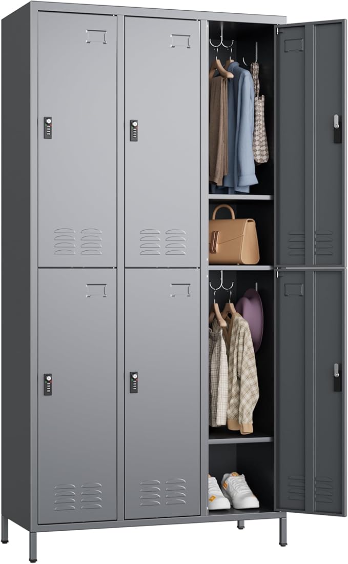 Metal Locker for Employees with Combination Locks,Metal Lockers with Business Card Holder and 18 Hooks for School Garage Office Gym Home,Assembly Required,Dark Grey