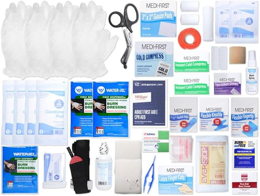 MFASCO Restaurant First Aid Kit Refill - 2021 ANSI/OSHA Compliant - Complete Restaurant First Aid Supplies - Includes Blue Metal Detectable Bandages, Burn Gel - Food Service Area Safety - 496 Pcs