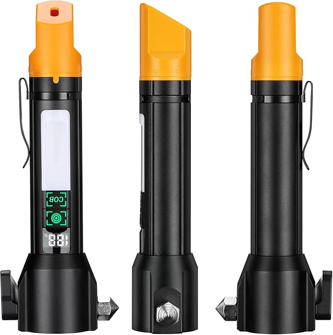 Car Window Breaker Seatbelt Cutter with LED Flashlight, Rechargeable Emergency Hammer, Glass Breaker Tool, Strobe SOS Beacon, USB-C Charging