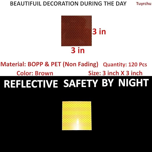 Brown Reflective Stickers 3 inch X 3 inch, Outdoor Waterproof High Visibility Warning Safety Adhesive Reflector Tape (120 Pcs)