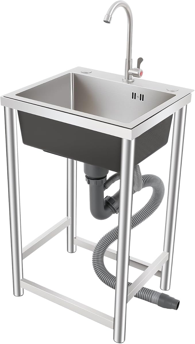 Utility Sink Free Standing Stainless Steel Single Bowl Kitchen Sink with 360° Rotatable Faucet and Strainer Basket Portable Sinks for Home Laundry Garage Commercial