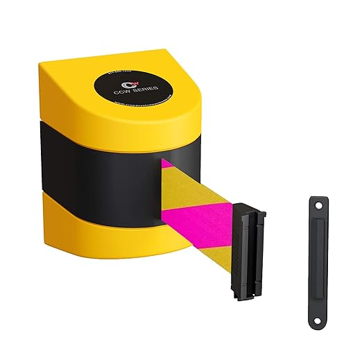 Crowd Control Warehouse - CCW Series WMB-220 Fixed Wall Mount Retractable Belt Barrier - 15 Foot, Magenta and Yellow Diagonal Belt with Yellow ABS Case