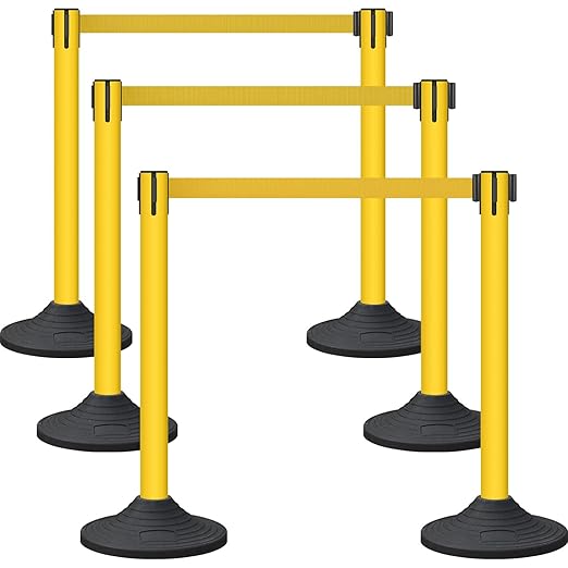 6 Pack Premium Crowd Control Stanchion Set, 40" H Delineator Post with 10' Feet Retractable Belt, Heavy-Duty Base, Safety Rope Barriers for Traffic Queue (Heavy Rubber Base, Yellow)