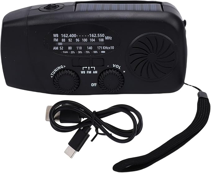 Jectse Emergency Weather Radio, FM AM WB Portable Solar Hand Crank Radio with 6000mAh Battery and LED Flashlight, for Home Outdoor Emergency (Black)