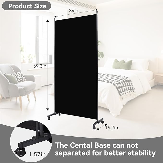 Room Divider(1 Panel-34in) Wall Divider for Room Separation, Portable Privacy Screens W/Wheels, Metal Frame Freestanding Room Separators 5.6FT Room Partitions and Dividers