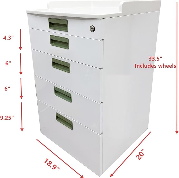 4 Drawer Dental Assistant's Mobile Cabinet Stainless Steel Office File Storage Cart Moving Side Cabinet Mobile Utility Storage Cart with 2 Trays for Dental Medical Office White and Green