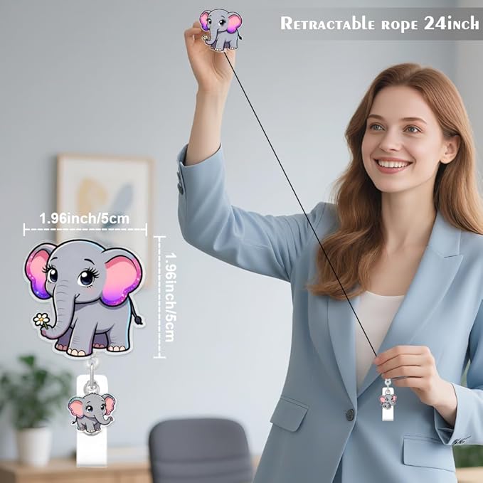 Cute Elephant Badge Reel for ID Card, Funny Flower Elephant Retractable Nurse Alligator Clip Badge Reel for Women, ID Name Tag Badge Holder for Office School Hospital Nurses Doctors Teachers