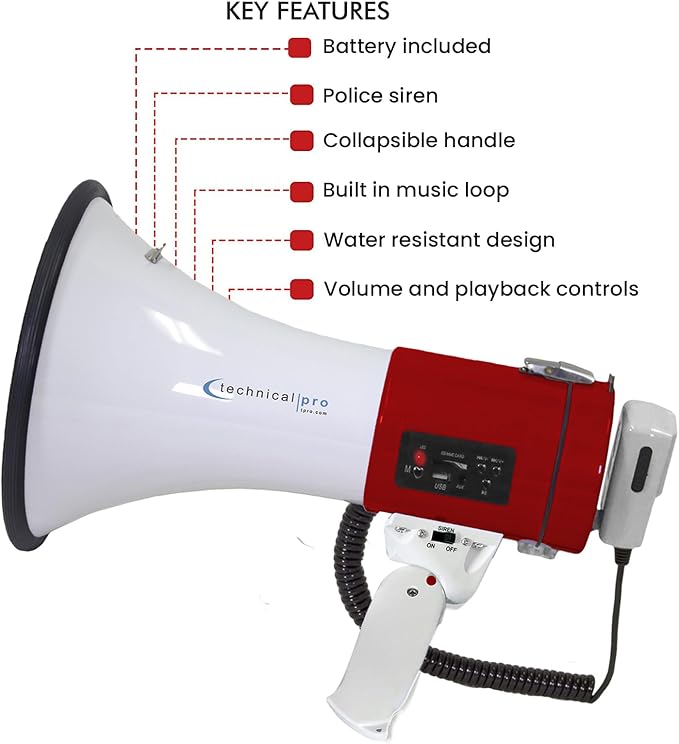 Technical Pro Portable 75-Watt Megaphone Bullhorn Speaker w/Detachable Microphone w/Rechargeable Battery, a Built-in AC Wall Charger, Good for Trainers, Soccer, Coaches, Cheer Leaders