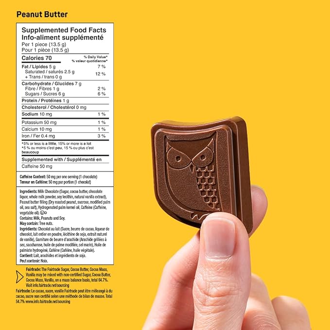 AWAKE - Caffeinated Chocolate Bites - Peanut Butter Milk Chocolate, 50 Bites - 50mg Caffeine - Wrapped Energy Bites - Coffee Alternative - Fairtrade, Gluten Free, Non GMO - 0.48oz
