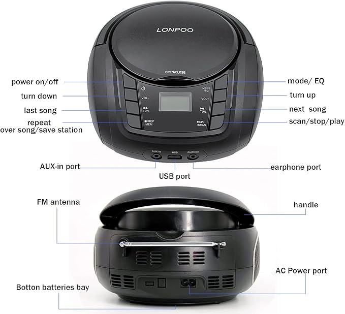 LONPOO CD Player Portable Boombox with FM Radio/USB/Bluetooth/AUX Input and Earphone Jack Output, Stereo Sound Speaker & Audio Player,Black