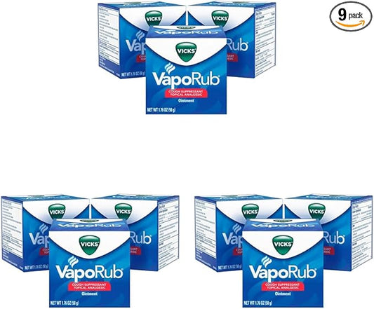 Vicks VapoRub, Chest Rub Ointment, Relief from Cough, Cold, Aches, & Pains with Original Medicated Vapors, Topical Cough Suppressant, 1.76 Ounce (Pack of 9)