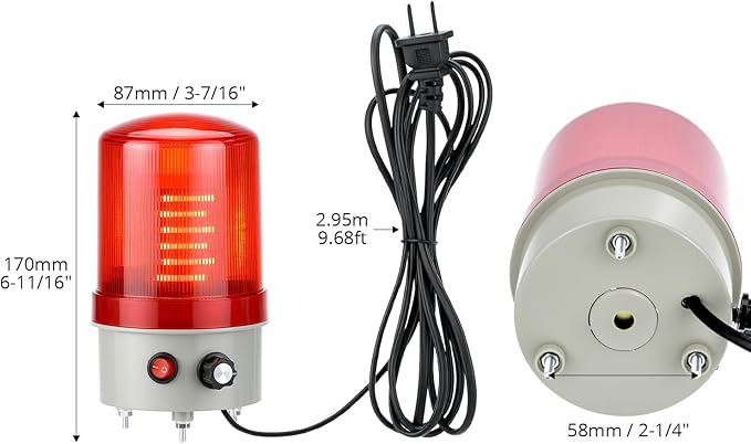 QWORK Industrial LED Rotating Warning Light, 110V AC Red Beacon Strobe for Public Emergency Alarms, Safety Siren Adjustable Volume