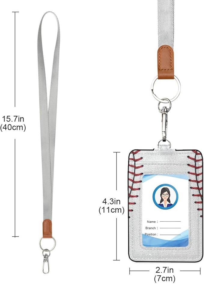 Baseball ID Badge Holder with Lanyard, Vertical Leather ID Badge Card Holder for Office Staff, School Teacher and Student