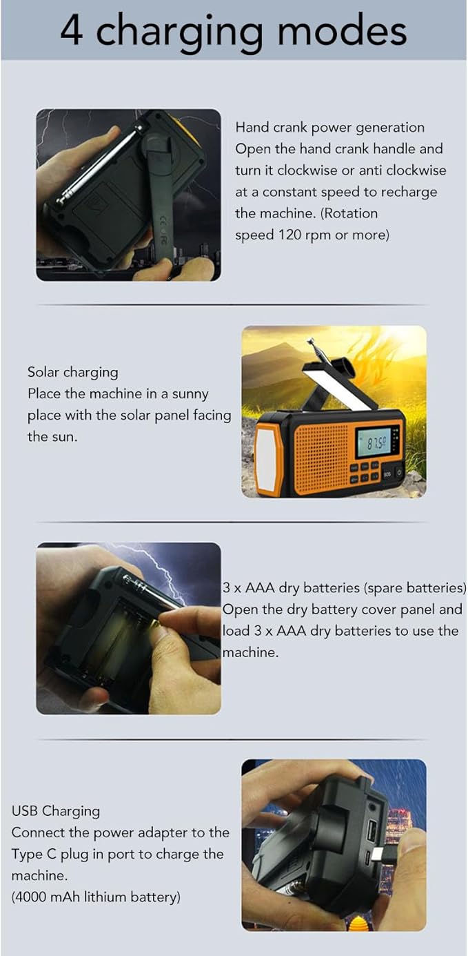 Emergency Radio, Hand Crank Solar USB Charging AM FM Shortwave NOAA Weather Radio with SOS Alarm LED Flashlight, for Outdoor Camping Hiking Live