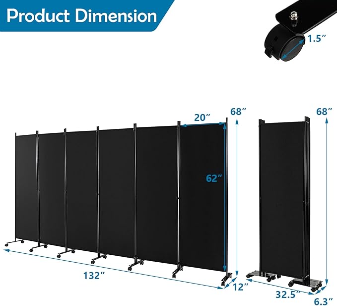 GOFLAME 6 Panel Folding Room Divider, 6FT Rolling Privacy Screen with Lockable Wheels, Portable Room Partition Screen, Freestanding Wall Divider and Separator for Home Office, Black
